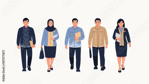 Diverse group of Indonesian professionals walking in traditional batik attire holding documents and bags representing various careers and cultural heritage