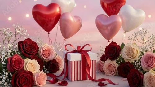 Gift Boxes with Floating Heart Balloons, Love Heart Balloon Flying with Gift Box