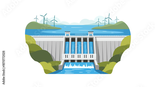 Hydroelectric Dam with Wind Turbines Generating Clean Renewable Energy. Lunar New Year Vector Illustration. EPS Editable