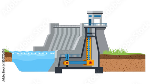 Hydroelectric Power Plant Diagram Showing Water Flow and Turbine Operation. Lunar New Year Vector Illustration. EPS Editable