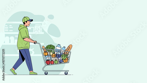 Man Pushing Shopping Cart Full of Groceries in a Supermarket Aisle 1. Lunar New Year Vector Illustration. EPS Editable