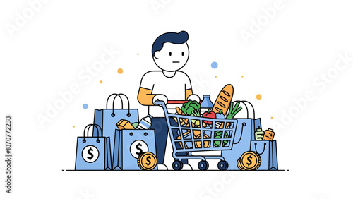 Man shopping for groceries with full cart and bags illustration. Lunar New Year Vector Illustration. EPS Editable