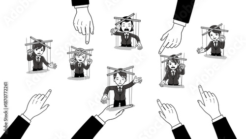 Monochrome illustration of multiple hands controlling business people like puppets symbolizing manipulation and control in the corporate world. Lunar New Year Vector Illustration. EPS Editable