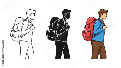 Set of three illustrations showing a person performing a side stretch exercise line art, silhouette, and full color vector graphic