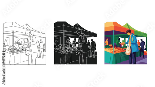 Traveler holding smartphone and passport standing with luggage at airport checkin or security line, outline, silhouette, and color flat design set