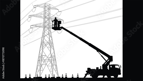 Utility worker silhouette in bucket lift, truck with safety cones, high voltage power lines maintenance, transmission tower inspection vector illustration, electrical infrastructure repair