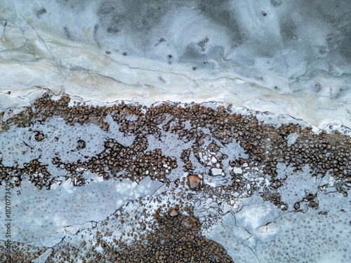 Aerial view of Selkäkari island shore in the Kempeleenlahti bay, Oulu Finland