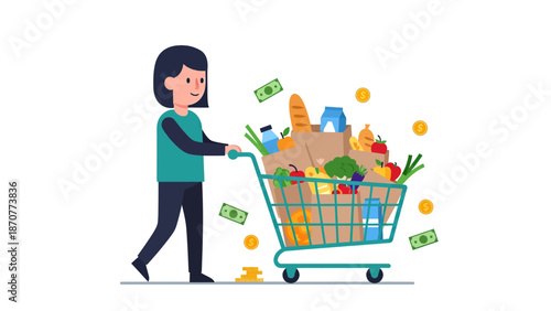 Woman pushing a shopping cart full of groceries with money flying around. Lunar New Year Vector Illustration. EPS Editable