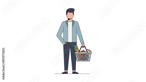 Young Man with Shopping Basket Full of Groceries. Lunar New Year Vector Illustration. EPS Editable