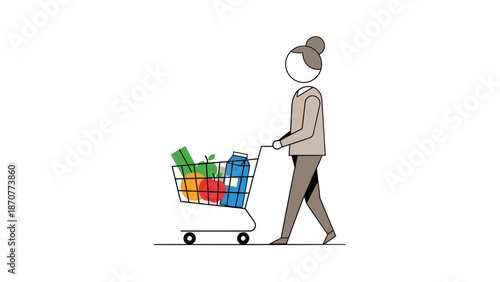Woman Pushing Shopping Cart Full of Groceries Line Art Illustration. Lunar New Year Vector Illustration. EPS Editable