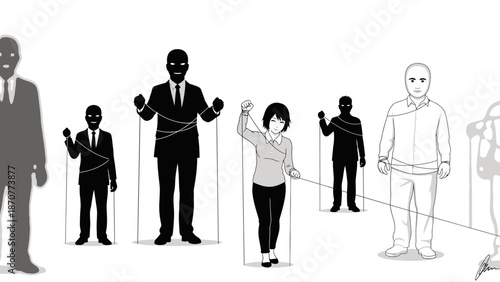 People controlled by invisible forces symbolizing manipulation and lack of freedom in a black and white illustration. Lunar New Year Vector Illustration. EPS Editable