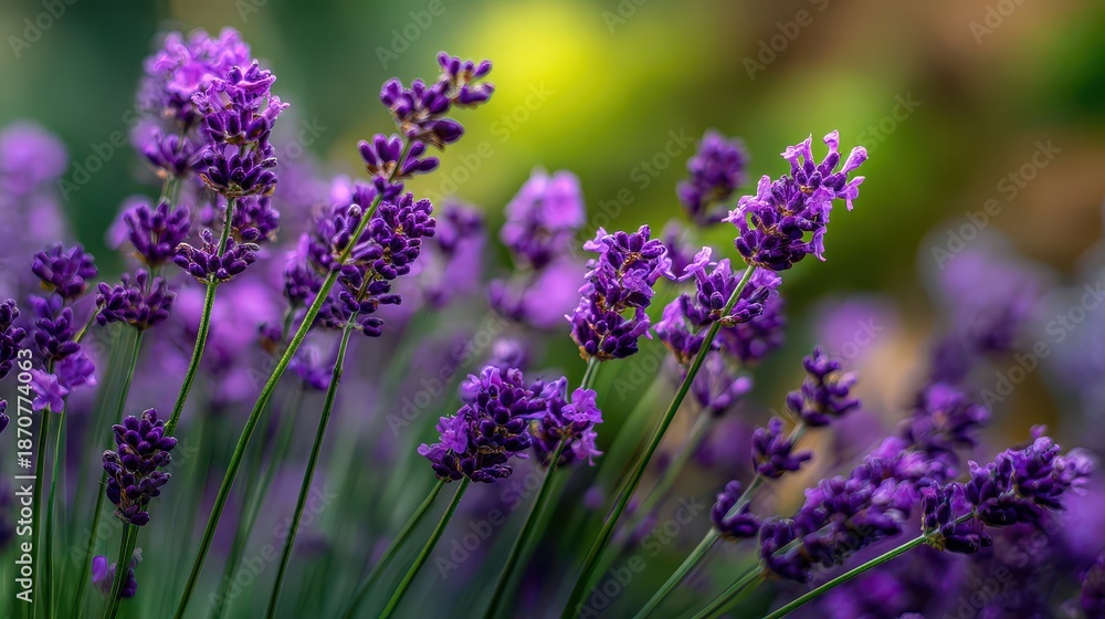 Obraz premium Lavender plants bloom in a garden with various shades of purple under natural sunlight during the summer season