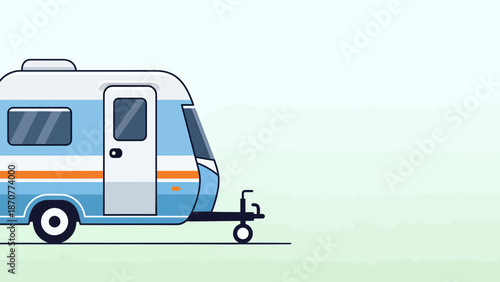 Retro Blue and White Caravan Trailer on a Light Green Background. Lunar New Year Vector Illustration. EPS Editable