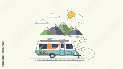 Retro Camper Van on a Winding Road with Mountains and Sun. Lunar New Year Vector Illustration. EPS Editable