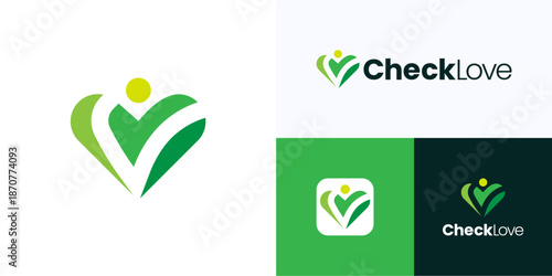 Creative love check integrated with people sign, Logo icon design vector illustration, Modern symbol human heart combination with verify mark in green color logotype for brand identity business