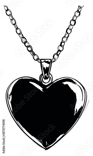 Hand drawn line art illustration of a heart pendant depicting love and romance for valentines day