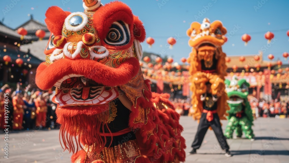 Fototapeta premium Vibrant Chinese New Year Lion Dance Celebration