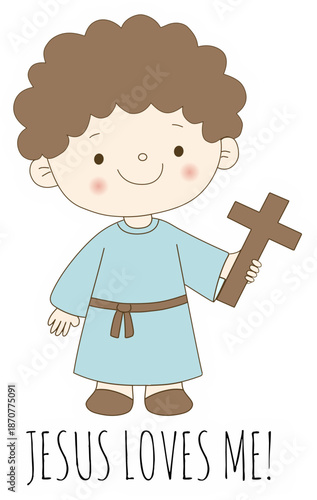 “Jesus Loves Me” cute Christian vector. Featuring an adorable cartoon-style illustration of kid holding a cross.
