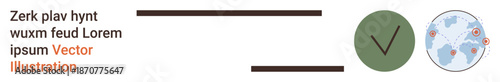 Data security, global communication, online verification, authentication, digital identification, worldwide networks. Green checkmark symbol and world map with location markers. Online verification