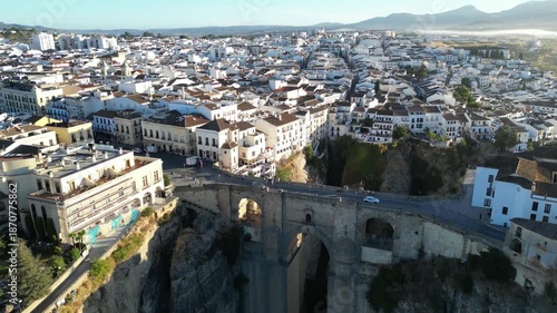 Aerial view of Ronda landscape and buildings with Puente Nuevo Bridge, Spain