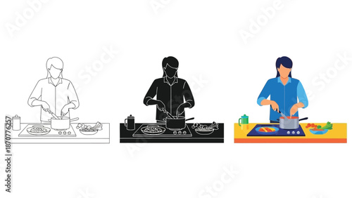 Fencing athlete in attack position with three variations outline drawing, silhouette, and full color illustration of a sport competition