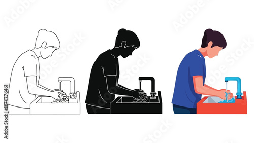 Volleyball player spiking ball sketch, silhouette, and full color illustration set