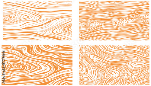 Collection of four unique abstract orange wood grain texture patterns for natural design backgrounds