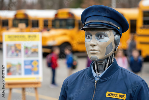 Robot conductor de autobús escolar supervisando seguridad de estudiantes en zona de transporte