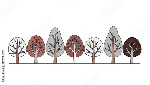Stylized row of bare trees in earthy tones for cherry tree pruning concepts and seasonal visuals
