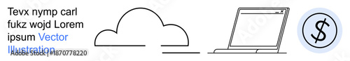 Cloud technology, online payments, digital finance, IT solutions, e-commerce, data storage. Minimalist cloud, laptop and currency symbol . Cloud technology and digital finance