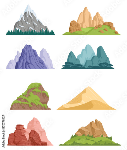 Stylized mountain terrain vector set featuring snowy peaks, rocky cliffs, forest mountains, desert dunes, green hills, sandstone rocks, and fantasy landscapes. Flat cartoon nature elements isolated on