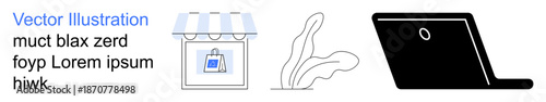 E-commerce, online shopping, retail business, technology, digital connectivity, remote work. Storefront with a shopping bag, plant and laptop icon. E-commerce and online shopping visual concept