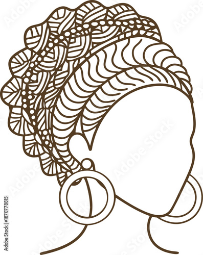 Abstract african woman silhouette with detailed patterned headwrap and large hoop earrings