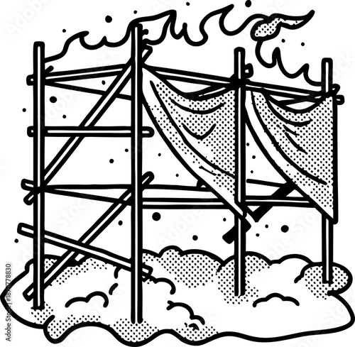 Burning scaffolding with smoke and flames, construction site fire emergency drawing