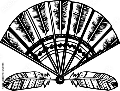 Traditional feather hand fan with intricate tribal design and two decorative feathers