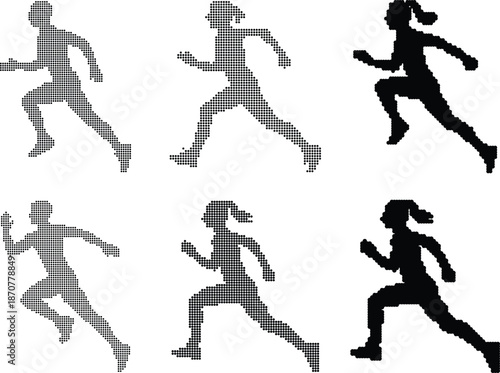 Set of 6 running female silhouettes vector illustration, depicting women in various shades of gray and black, actively jogging or sprinting, ideal for fitness, sport, health