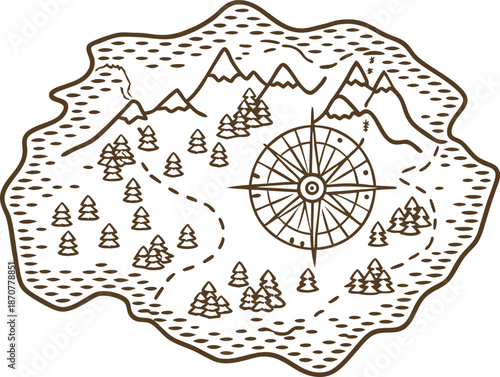 hand drawn treasure map with mountains, forests, compass rose, and winding path on island terrain