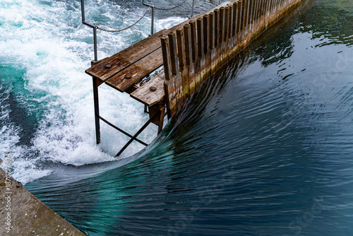 Flowing water, Reuss river in Lucerne, Water of Switzerland. Water flow design. Flow energy, water power. The concept of health and beauty care, SPA. 2026.
