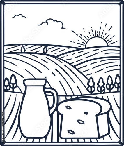 milk jug and loaf of bread on windowsill with rural sunrise landscape view