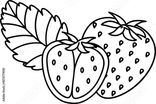 Fresh strawberries with leaves, whole and sliced fruit illustration outline