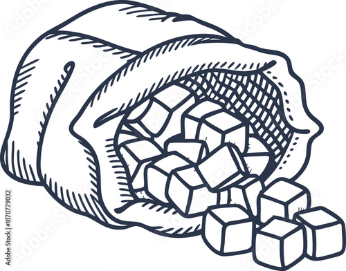 Bag of sugar cubes spilling out, sweetener ingredient pile, black and white sketch