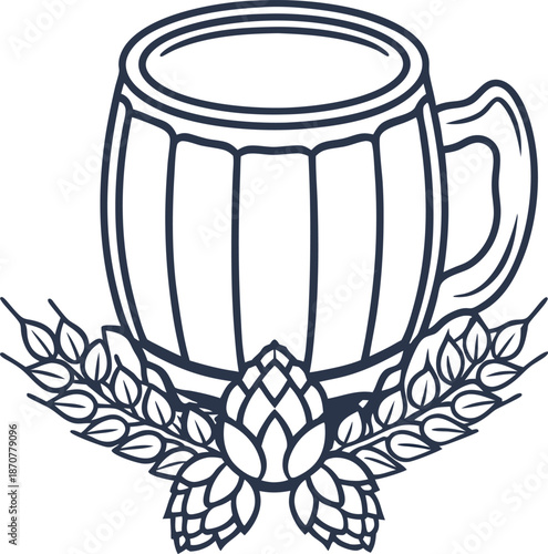 Beer mug with hops and barley illustration craft brewing symbol with wooden barrel cup and grain decoration
