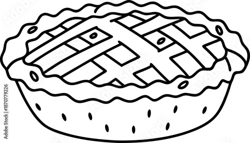 Traditional lattice topped pie with decorative crust in black and white line art