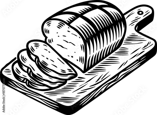 Loaf of bread with sliced pieces on wooden cutting board illustration