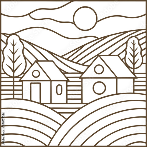 Simple line art of countryside landscape with two houses, trees, rolling hills, and the sun in the sky