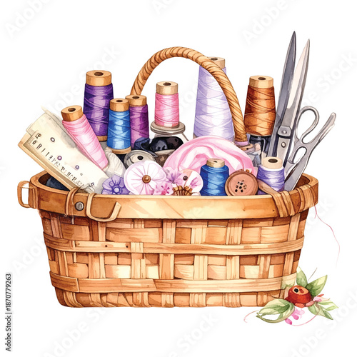 Woven Basket Overflowing with Sewing Supplies and Spools watercolor vector illutrastion transparent background