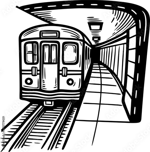 Subway train arriving at underground station platform with curved tunnel illustration