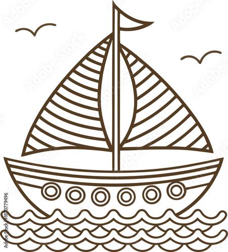 Sailboat on wavy water with birds nautical marine vessel with striped sails and flag in motion