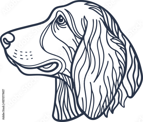 detailed line art of a dog head portrait with expressive eyes and flowing fur