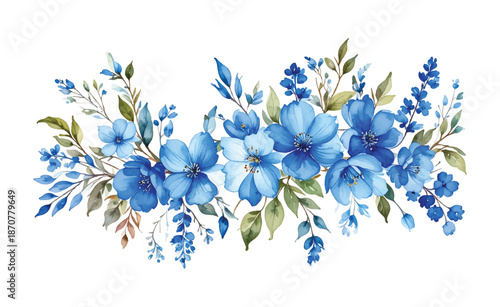 Horizontal watercolor floral garland of blue flowers and green leaves illutrastion transparent background